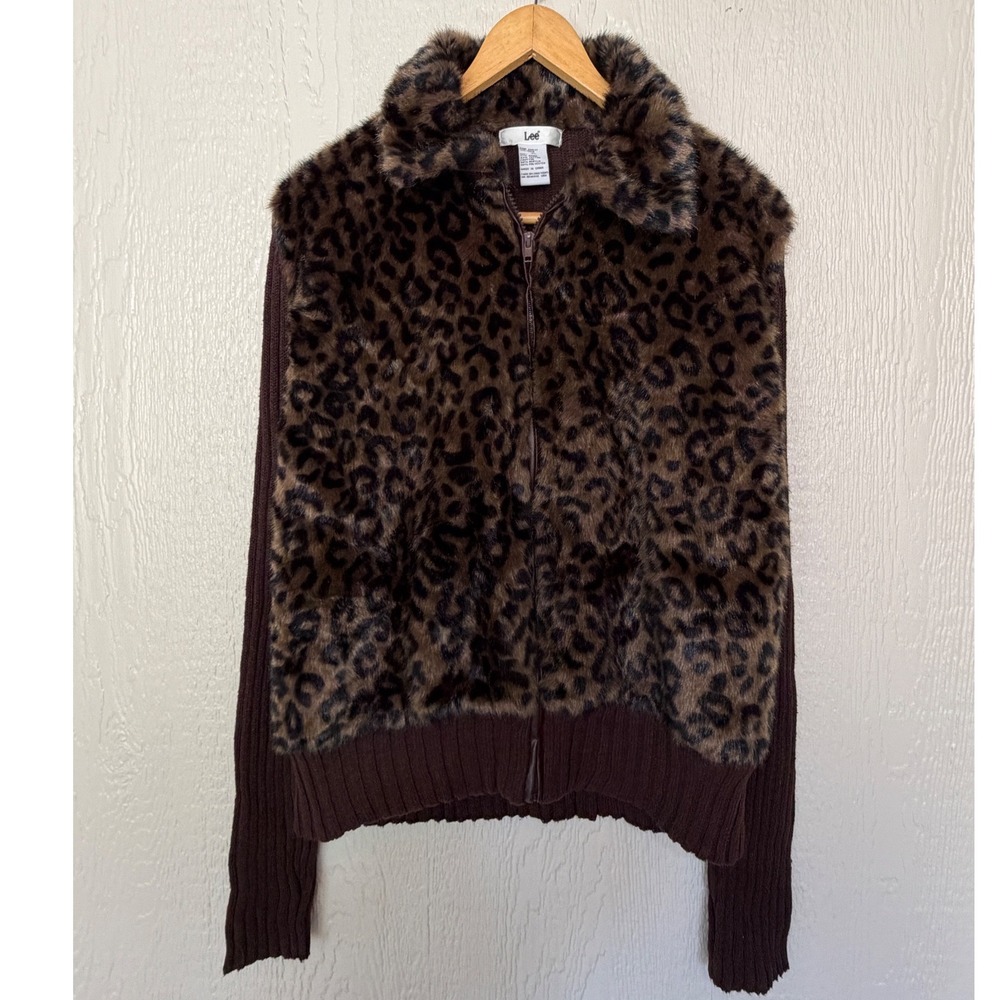 Lee Womens Leopard Faux Fur Zip Front Ribbed Knit Cardigan Sweater Brown XL